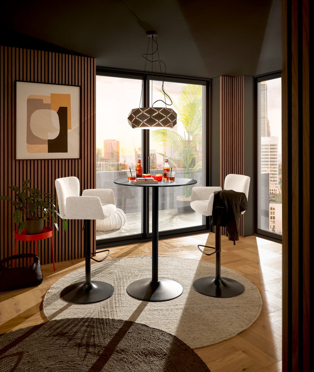 Set one by Musterring Barhocker SET ONE SALINAS Moderner Barhocker in einem stilvollen Wohnzimmer mit Blick auf die Stadt, aus der Perspektive eines hellen, gemütlichen Raumes mit großen Fenstern.