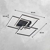 Moderne Deckenleuchte Seth mit drei überlappenden quadratischen Rahmen, seitliche Perspektive, Maße 52 cm x 52 cm x 9,5 cm.
