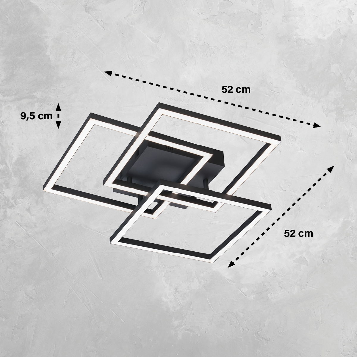 Moderne Deckenleuchte Seth mit drei überlappenden quadratischen Rahmen, seitliche Perspektive, Maße 52 cm x 52 cm x 9,5 cm.