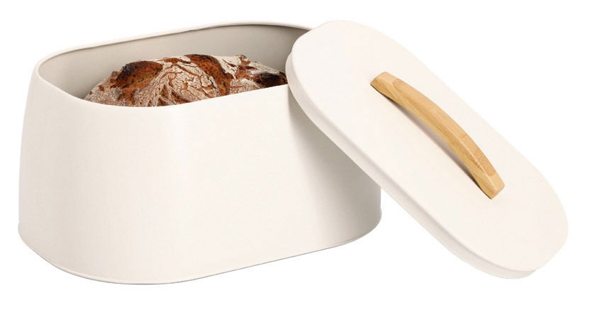 Moderner Brotkasten aus weißem Material mit abnehmbarem Deckel und Holzgriff, seitliche Perspektive