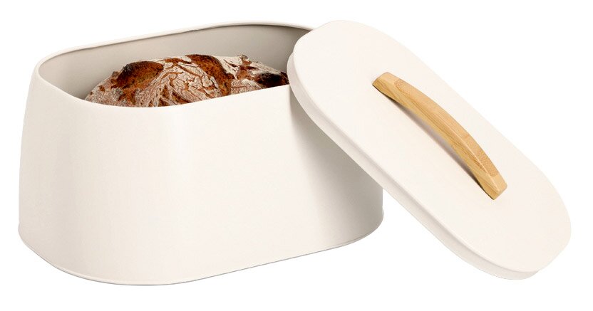 Moderner Brotkasten aus weißem Material mit abnehmbarem Deckel und Holzgriff, seitliche Perspektive