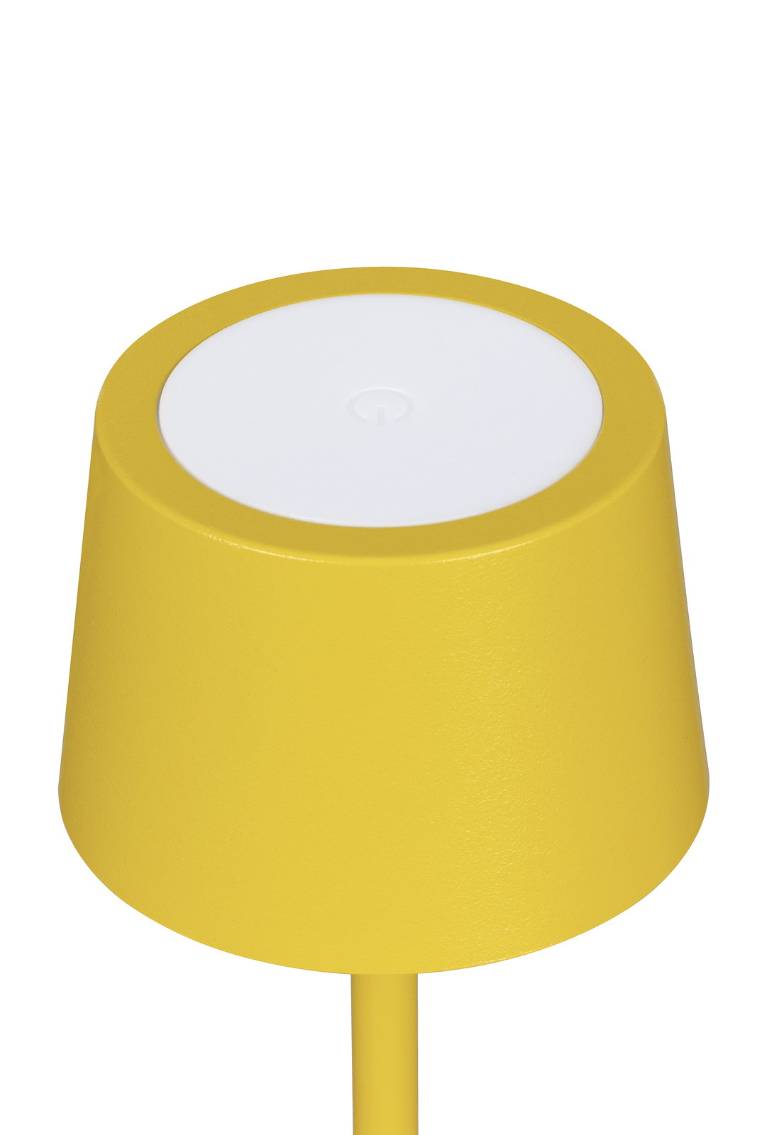 Gelbe Akku-Tischleuchte aus der Vogelperspektive mit rundem, weißem Bedienfeld oben.