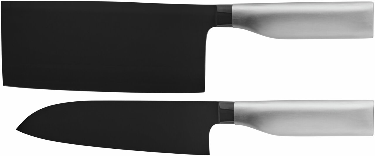 WMF Asien Messer-Set 2tlg. Zwei asiatische Messer mit schwarzen Klingen und silbernen Griffen, seitliche Ansicht.