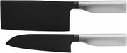 Zwei asiatische Messer mit schwarzen Klingen und silbernen Griffen, seitliche Ansicht.