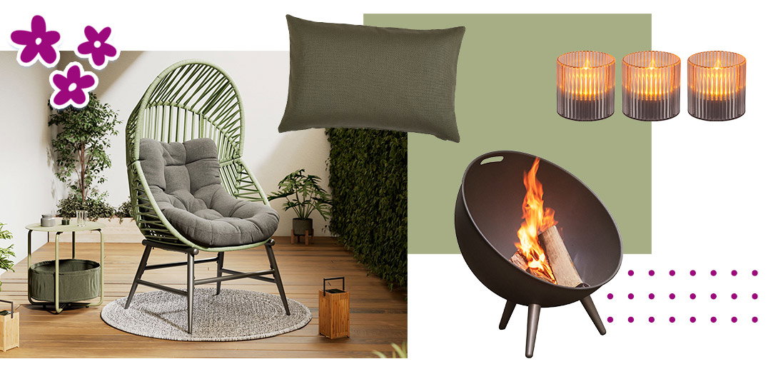 Frühlingshafte Outdoor-Lounge mit grünem Loungesessel, grauem Sitzkissen, Dekokissen, Windlichtern und Feuerschale auf der Terrasse