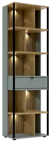 Modernes Büroregal mit Holzoptik und integrierter Beleuchtung, seitliche Perspektive