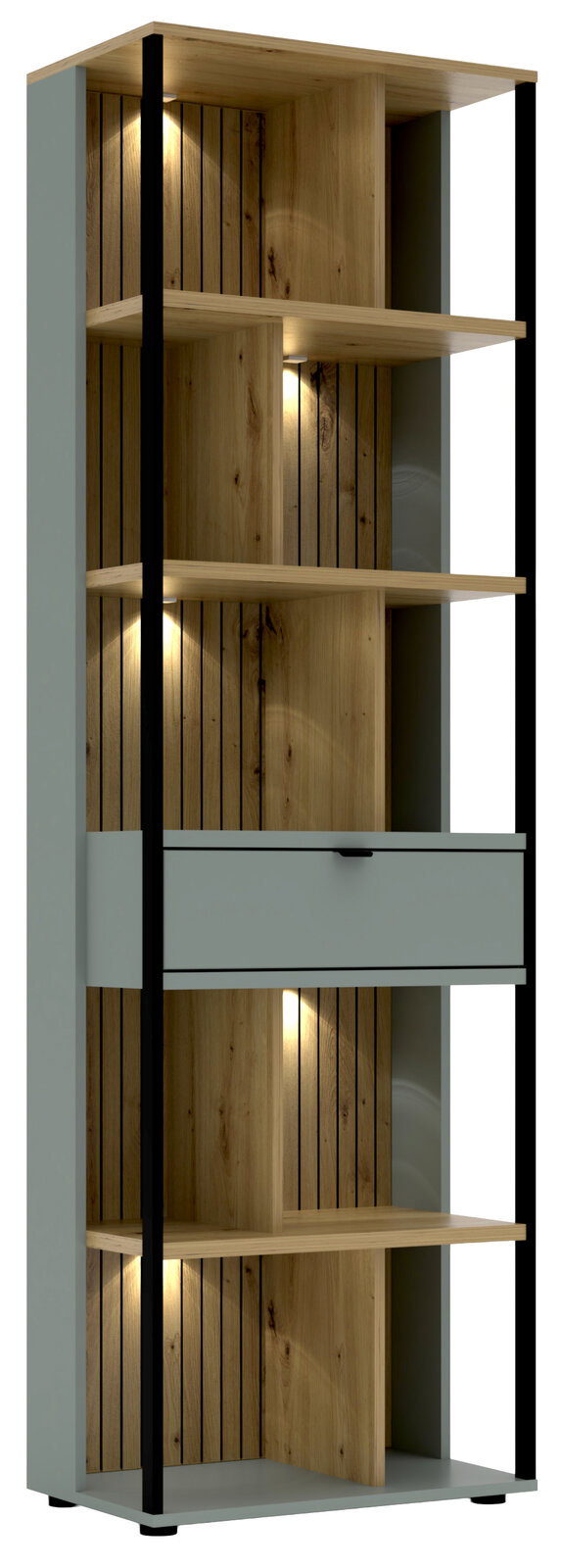 Voleo Aktenregal DIANA Modernes Büroregal mit Holzoptik und integrierter Beleuchtung, seitliche Perspektive