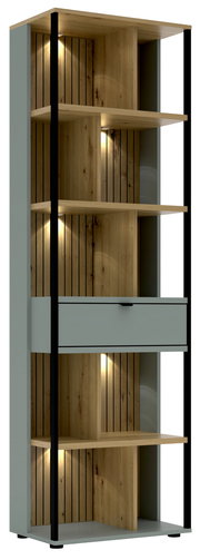 Modernes Büroregal mit Holzoptik und integrierter Beleuchtung, seitliche Perspektive