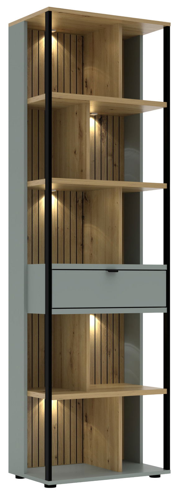 Modernes Büroregal mit Holzoptik und integrierter Beleuchtung, seitliche Perspektive