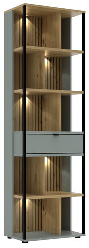 Modernes Büroregal mit Holzoptik und integrierter Beleuchtung, seitliche Perspektive
