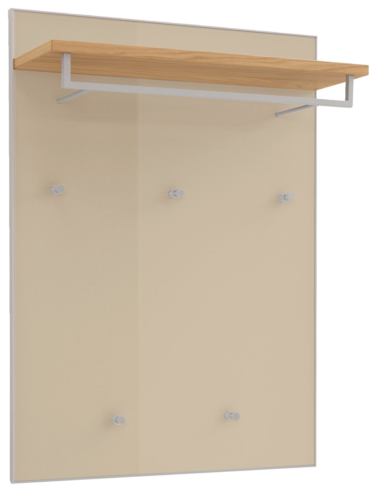 Wandgarderobe mit beigem Paneel, Holzablage und weißer Kleiderstange sowie fünf Haken, dargestellt in schräger Frontansicht von links oben.