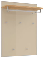 Wandgarderobe mit beigem Paneel, Holzablage und weißer Kleiderstange sowie fünf Haken, dargestellt in schräger Frontansicht von links oben.