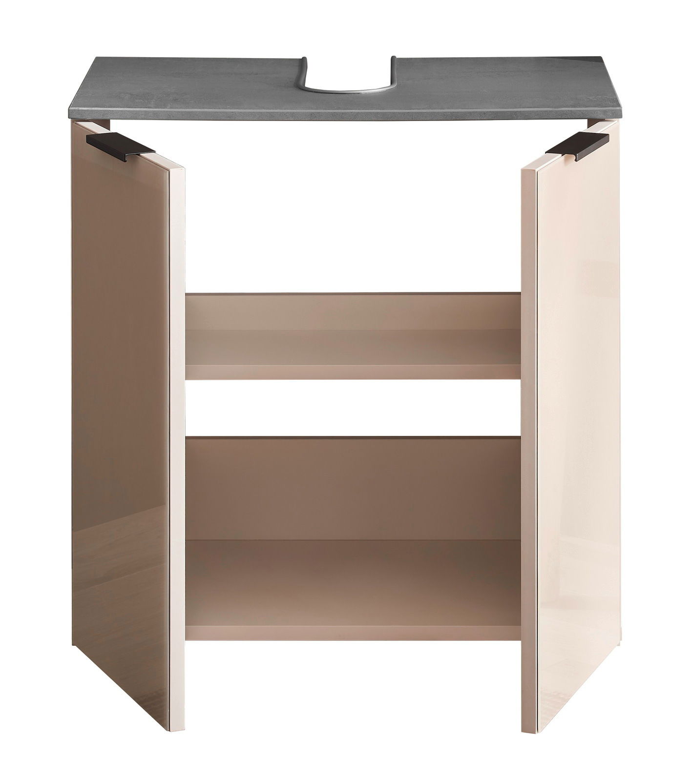 Moderner Waschbeckenunterschrank mit zwei offenen Türen und grauer Ablagefläche, Frontalansicht.