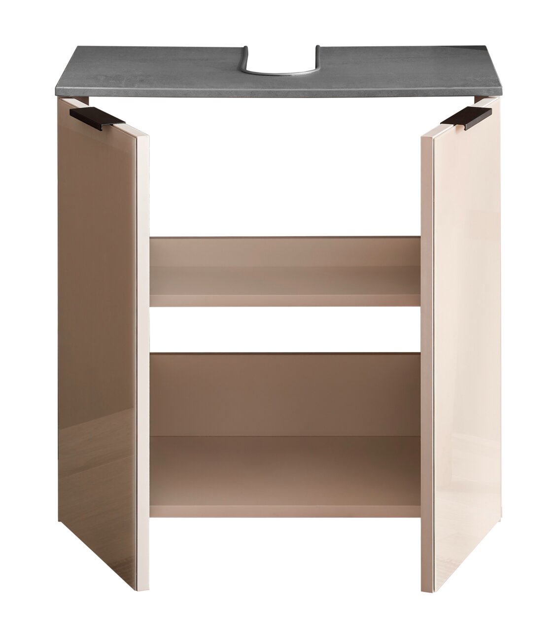 Moderner Waschbeckenunterschrank mit zwei offenen Türen und grauer Ablagefläche, Frontalansicht.