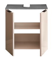 Moderner Waschbeckenunterschrank mit zwei offenen Türen und grauer Ablagefläche, Frontalansicht.