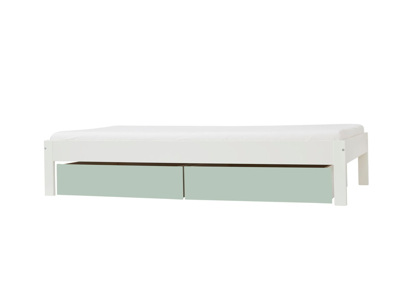 Weißes Bett mit zwei grünen Schubladen, seitliche Perspektive