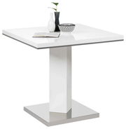 Moderner weißer Esstisch mit quadratischer Tischplatte und zentralem Standfuß, seitliche Perspektive