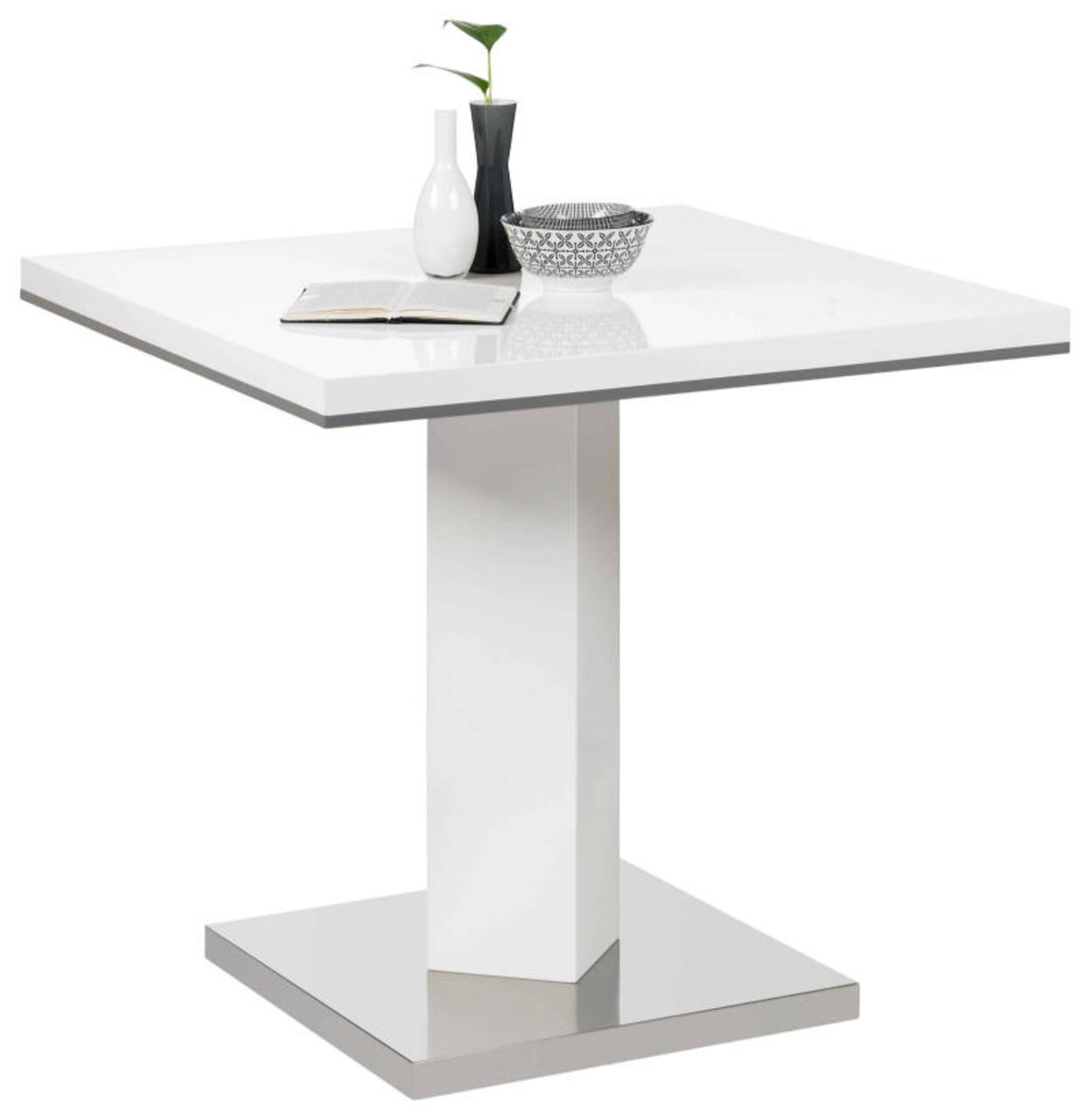 Z2 Esstisch PICCOLO Moderner weißer Esstisch mit quadratischer Tischplatte und zentralem Standfuß, seitliche Perspektive