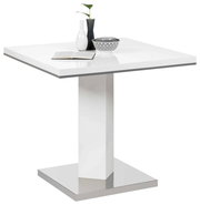 Moderner weißer Esstisch mit quadratischer Tischplatte und zentralem Standfuß, seitliche Perspektive