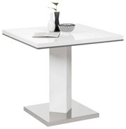 Moderner weißer Esstisch mit quadratischer Tischplatte und zentralem Standfuß, seitliche Perspektive