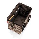 Leopardenmuster Tasche von oben mit geräumigem Innenraum, Büchern und Tablet.
