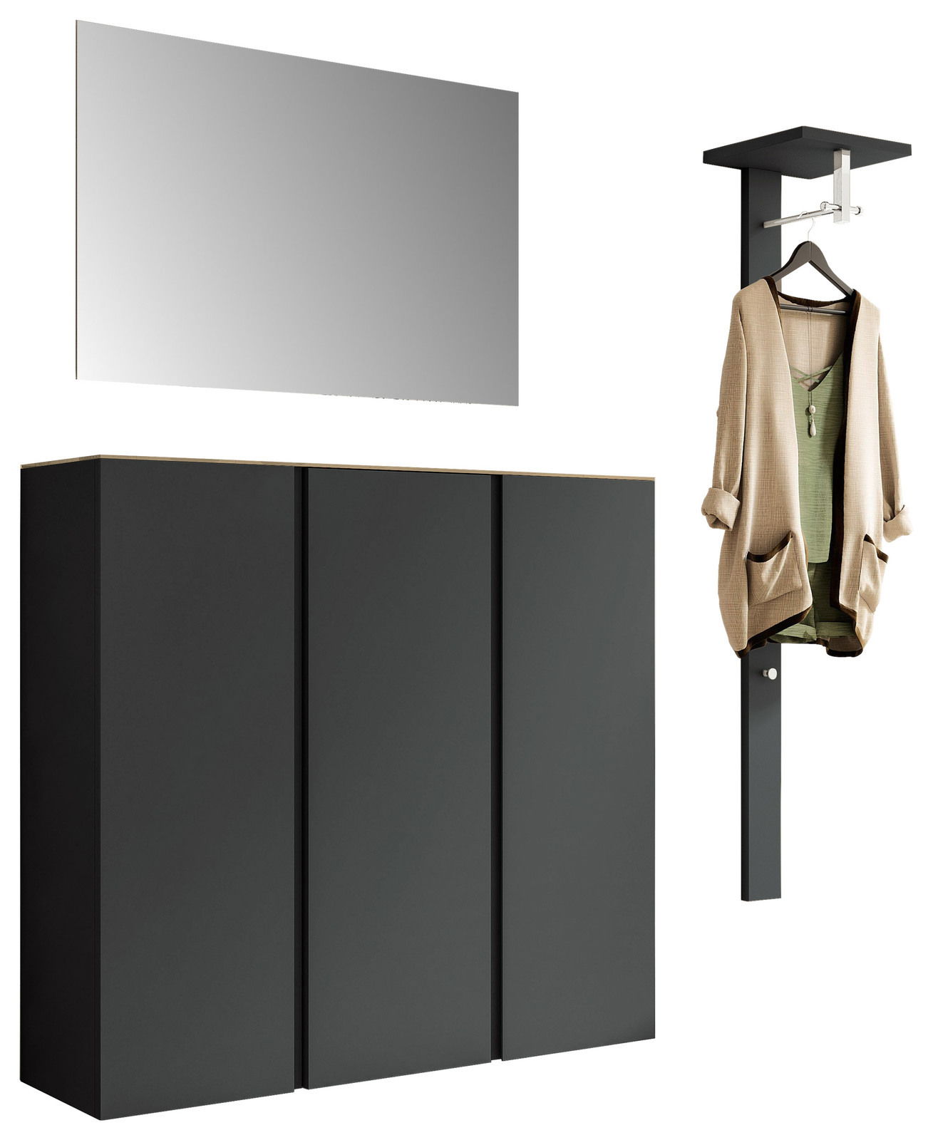 Garderobenset mit einem großen Spiegel, einem dreitürigen schwarzen Schrank und einer Wandgarderobe mit Haken, seitliche Perspektive.