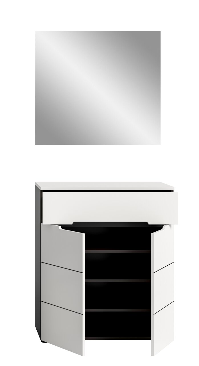 Weißer, moderner Unterschrank mit geöffneter Front und sichtbaren dunklen Innenfächern, perspektivische Frontansicht leicht von oben; darüber eine quadratische, silberne Spiegel-/Metallfläche in Frontalansicht.