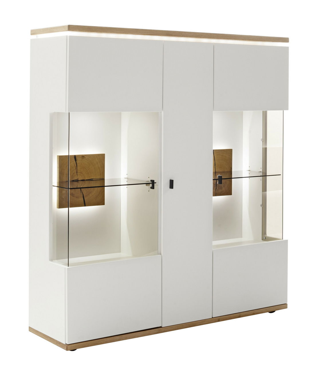 Modernes Highboard in Weiß mit Holzdetails und Glasvitrinen, seitliche Perspektive