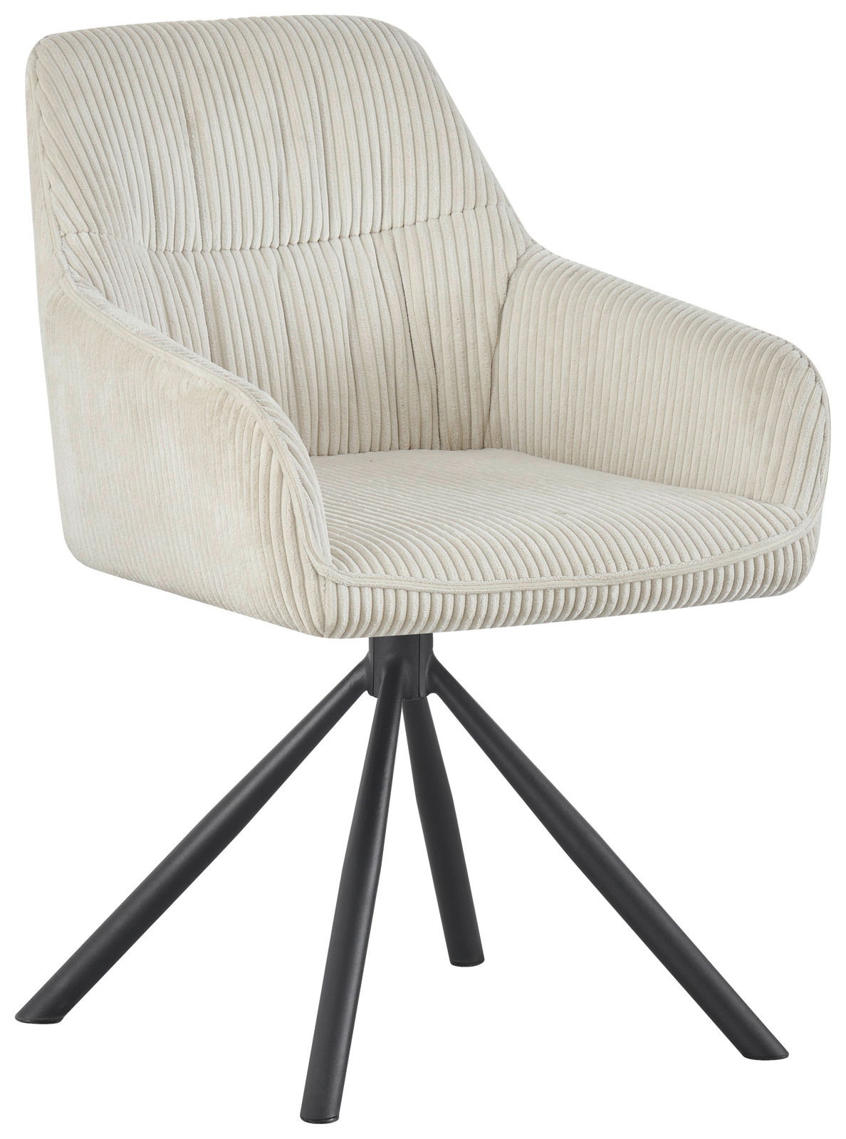 Beiger Armlehnstuhl LISA mit geripptem Stoffbezug und schwarzem Metallgestell, seitliche Perspektive