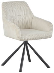 Beiger Armlehnstuhl LISA mit geripptem Stoffbezug und schwarzem Metallgestell, seitliche Perspektive