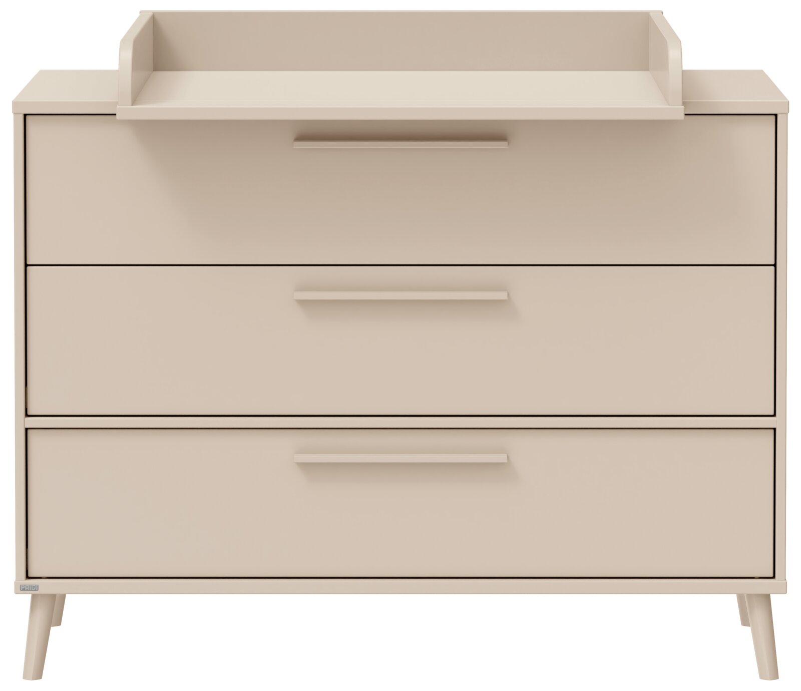 Beige Wickelkommode mit drei Schubladen und erhöhtem Wickelaufsatz, frontale Ansicht