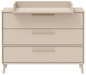 Beige Wickelkommode mit drei Schubladen und erhöhtem Wickelaufsatz, frontale Ansicht