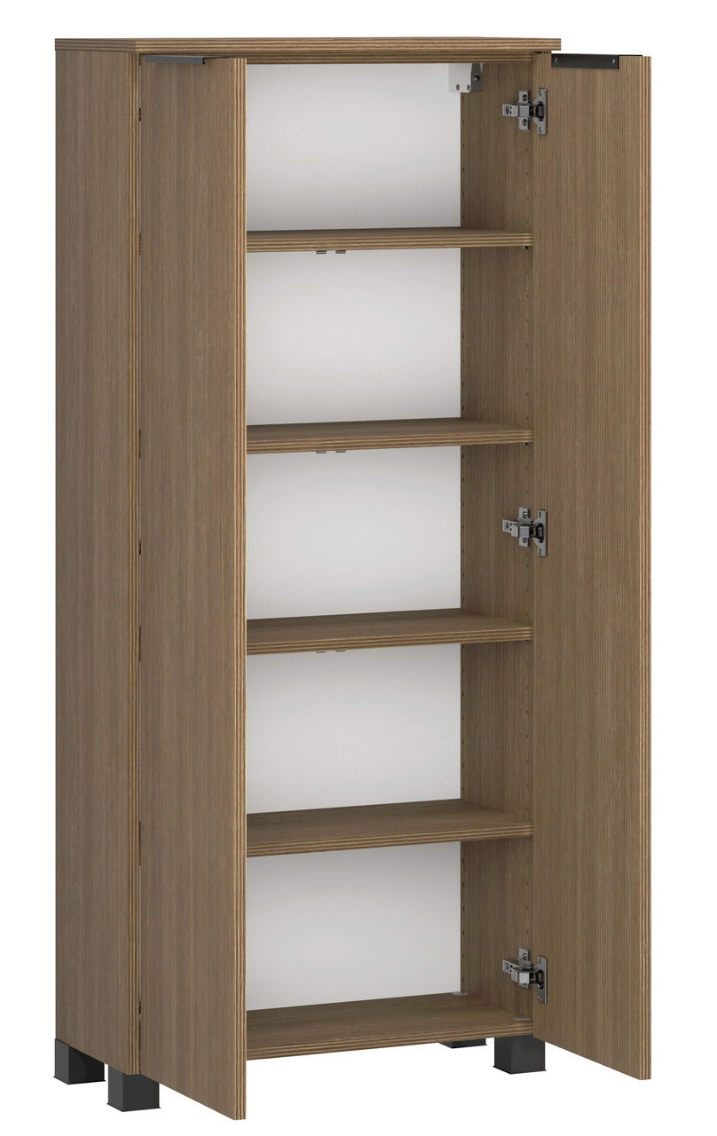 Geöffneter Midischrank aus Holz mit vier Einlegeböden, Frontansicht