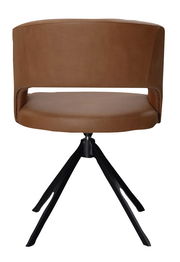 Rückansicht eines braunen Armlehnstuhls mit schwarzem Metallgestell