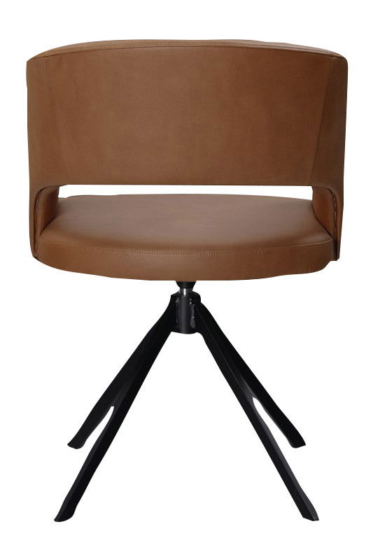 Rückansicht eines braunen Armlehnstuhls mit schwarzem Metallgestell