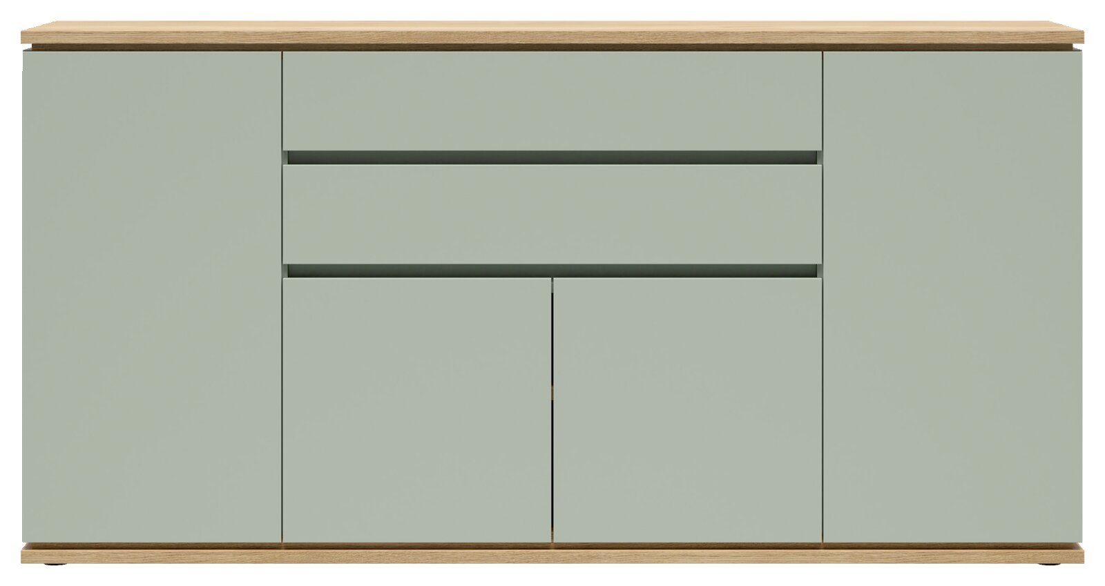 Moderne Kommode/Sideboard in Salbeigrün mit Holzplatte und Holzsockel, zwei Schubladen und vier Türen, Frontansicht.