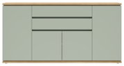 Moderne Kommode/Sideboard in Salbeigrün mit Holzplatte und Holzsockel, zwei Schubladen und vier Türen, Frontansicht.