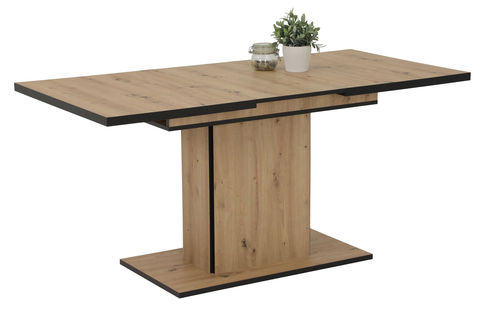 Moderner Esstisch aus Holz mit schwarzem Rand, seitliche Perspektive, dekoriert mit einer Pflanze und einem Glasgefäß.