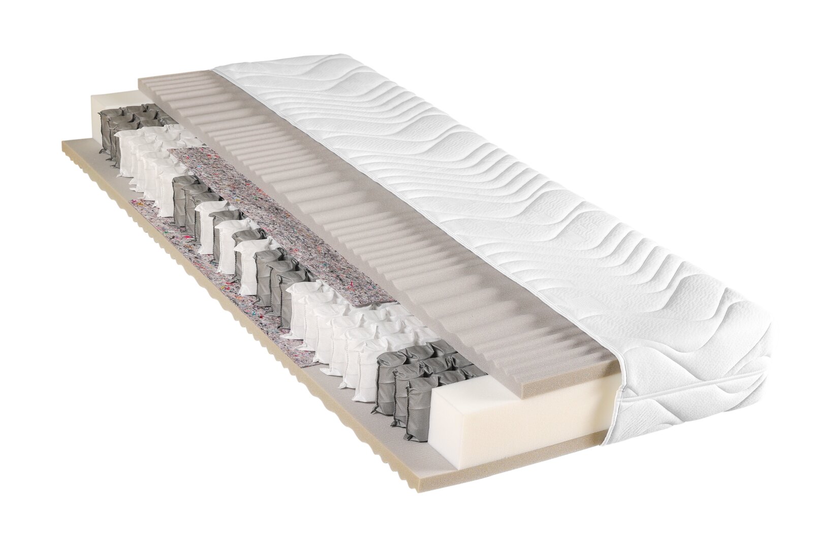 Sleeptex Taschenfederkernmatratze H2 ACTIVE STRONG Querschnitt einer Taschenfederkernmatratze H2 mit sichtbaren Schichten und Federkern, perspektivisch von der Seite gezeigt.