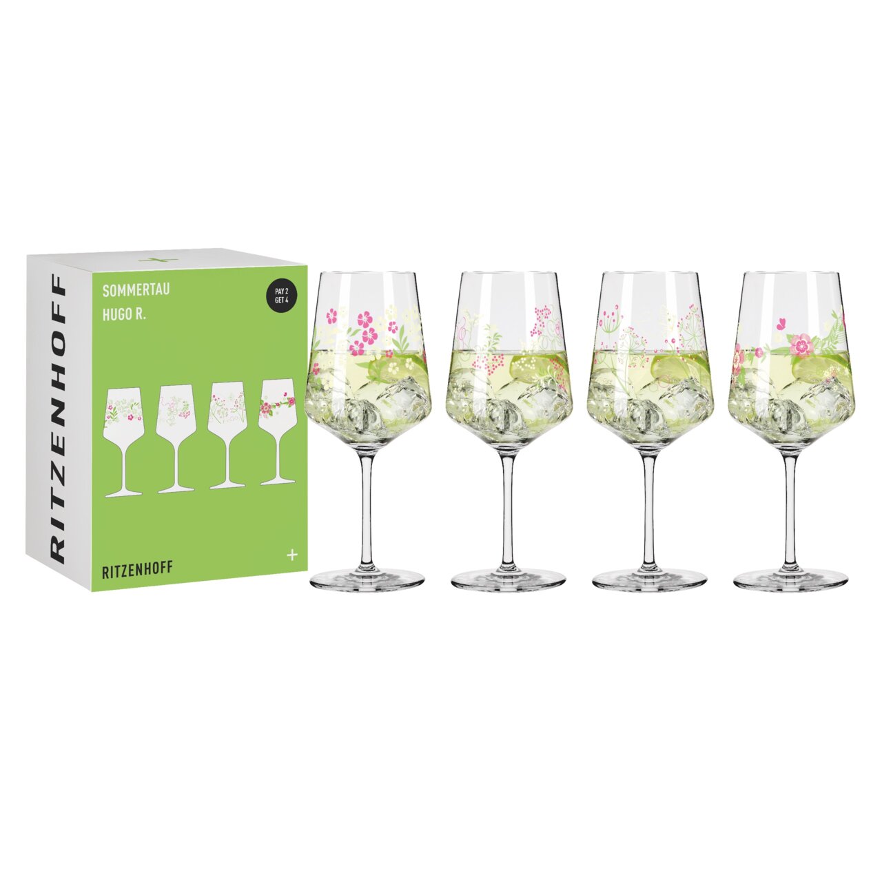 Vier elegante wijnglazen met bloemmotieven, gevuld met een drankje, naast een groene verpakking met het opschrift 'Ritzenhoff'. Vooraanzicht.