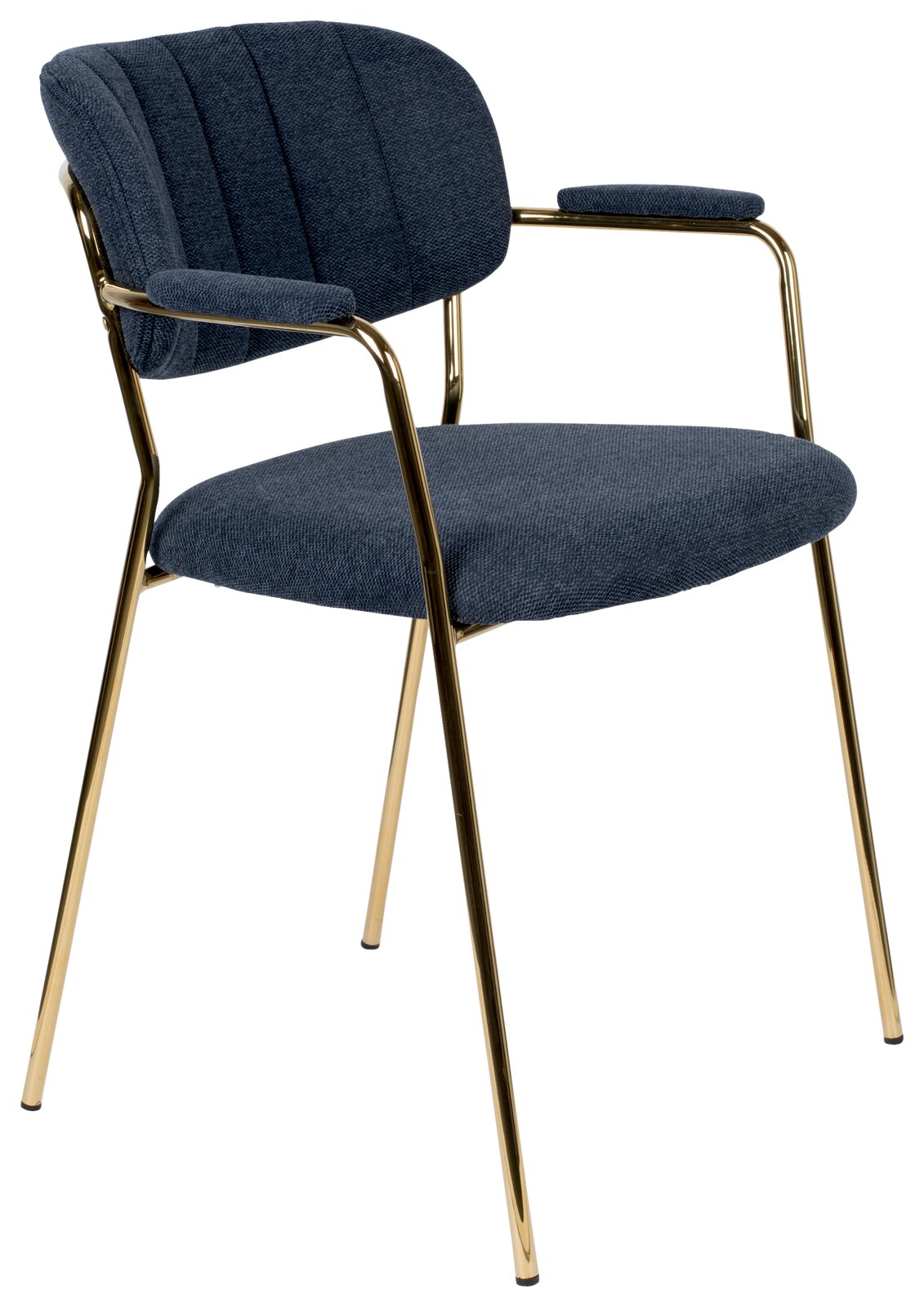Moderner Armlehnenstuhl mit blauem Stoffbezug und goldenen Metallbeinen, seitliche Perspektive