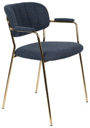 Moderner Armlehnenstuhl mit blauem Stoffbezug und goldenen Metallbeinen, seitliche Perspektive