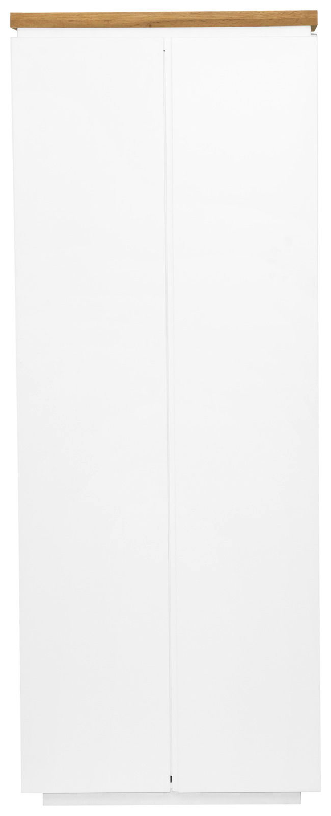 Frontansicht eines weißen Garderobenschranks mit Holzakzent oben