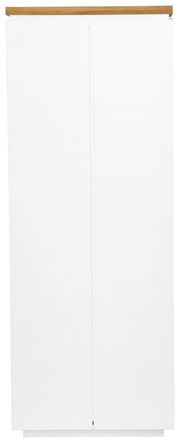 Frontansicht eines weißen Garderobenschranks mit Holzakzent oben