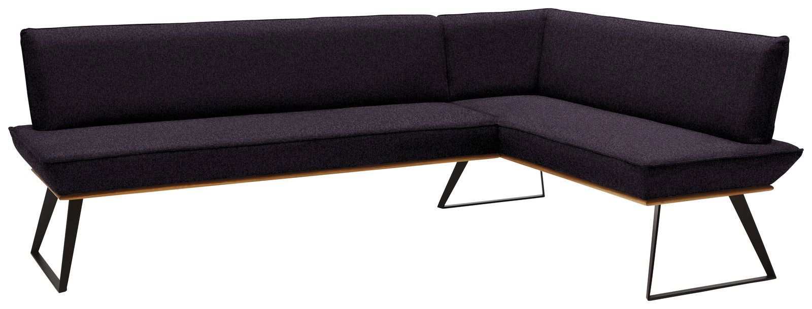 Voleo Eckbank 243x163 cm MALIBU Moderne Eckbank in dunklem Stoffbezug mit Metallbeinen, Perspektive von vorne links