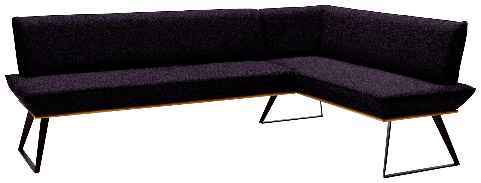 Voleo Eckbank 243x163 cm MALIBU Moderne Eckbank in dunklem Stoffbezug mit Metallbeinen, Perspektive von vorne links