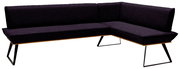 Moderne Eckbank in dunklem Stoffbezug mit Metallbeinen, Perspektive von vorne links