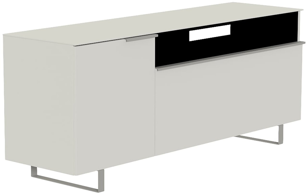 Modernes TV-Lowboard in hellem Design mit zwei Türen und einem offenen Fach, seitliche Perspektive
