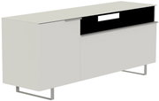 Modernes TV-Lowboard in hellem Design mit zwei Türen und einem offenen Fach, seitliche Perspektive