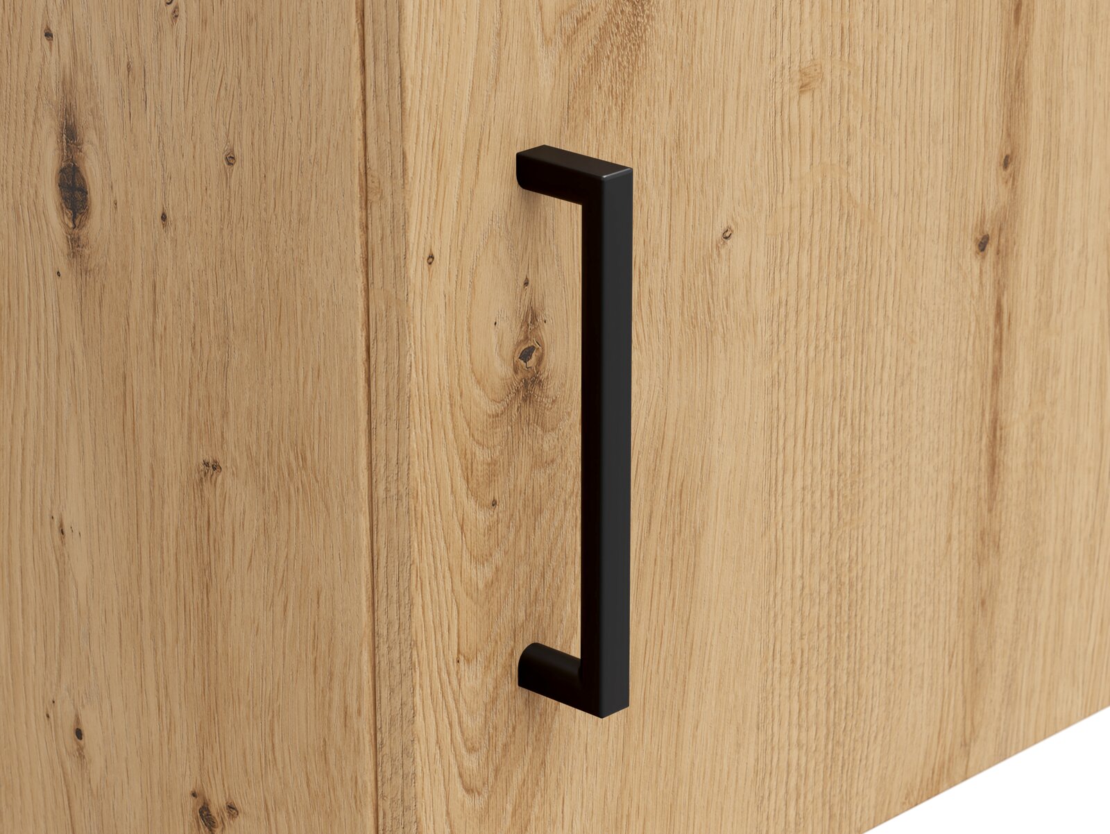 Nahaufnahme eines Holzschranks mit schwarzem Griff, seitliche Perspektive